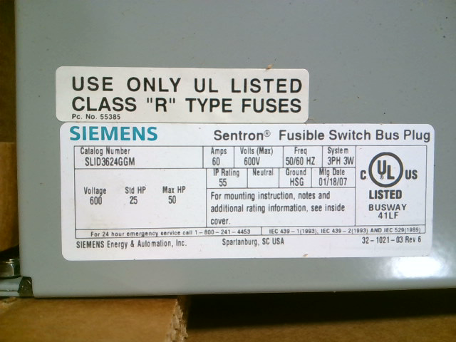Sentron Bus Plug Siemens SLID3624GGM 60A Sentron Bus Plug – Ideal Surplus