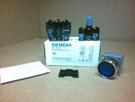  Siemens 3SB3639-0AA51 Flat Push Button Blue illuminated 24V LED w/ Holder & 2 Pole Contact Block Image