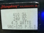  Humphrey 410 21 36 70 Solnoid Valve 24 VDC 4.5W VAC-125 Psi Image