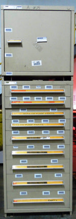  CABINET, STANLEY VIDMAR, 9 DRAWER, CREAM, TOP CABINET ATTACHED WITH SHELF, 30''x 28''x89'' Image