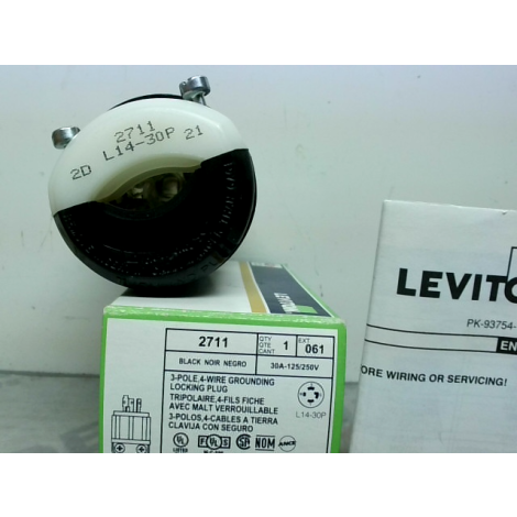 Leviton 2711 3 Pole 4 Wire Grounding Locking Plug 30A 125/250V L14-30P Black - New In Box
