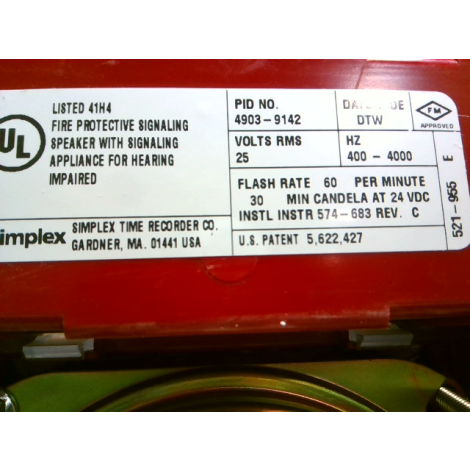 Simplex 4903-9142   Fire Alarm Speaker Strobe Volts RMS 25  Fla - Used
