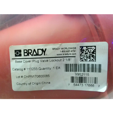 Brady 113233 Plug Valve Drinking Fountain Lockout 2-1/8" - Factory Sealed