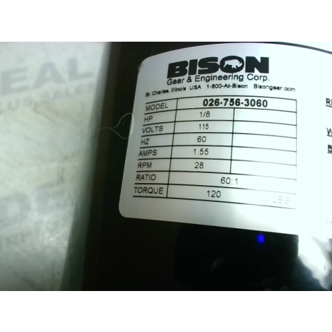 Bison 026-756-3060 AC Gear Motor 1/8HP 60:1 Ratio 28rpm 115VAC 1PH