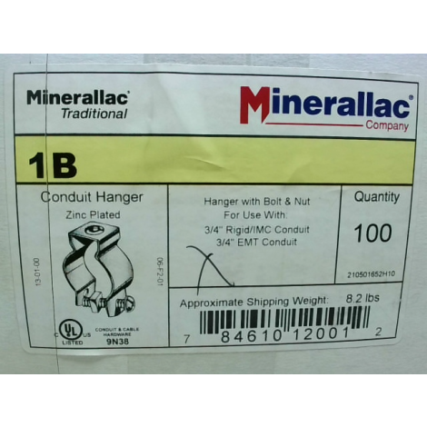 Minerallac 1B Conduit Hanger (100 PCS) w/Bolt & Nut 3/4" Rigid/ - Factory Sealed