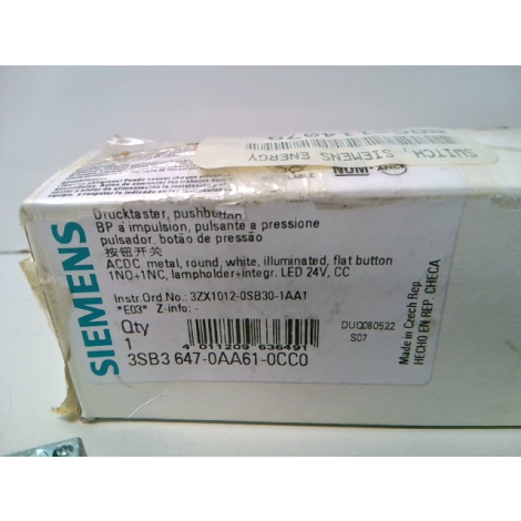 Siemens 3SB3647-0AA61 0CC0 White Illuminated Pushbutton Switch 22mm 1NO 1NC - New In Box