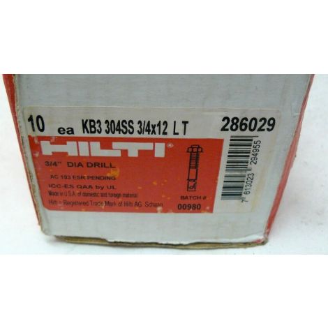 HILTI Kwik Bolt KB3 3/4" x 12" LT Stainless Expansion Anchor (10 PCS) 286029 SS304 - New in Box