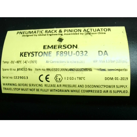 Emerson Keystone F89U-032-DA Pneumatic Quarter-Turn Actuator - Factory Sealed