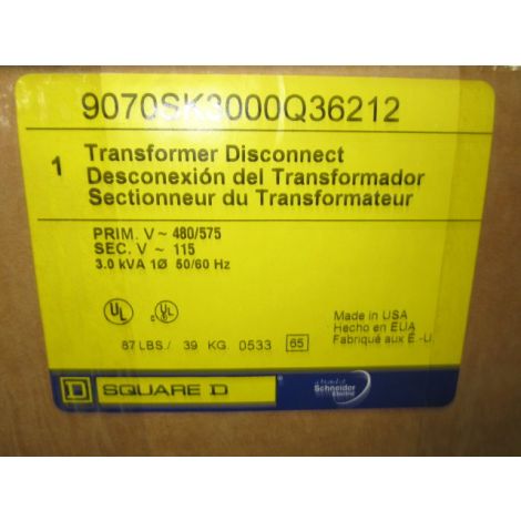 Square D 9070SK3000Q36212 Transformer Disconnect 3000VA 480'575 x 115V 1PH